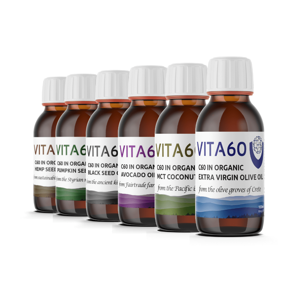 Variety of bottles of VITA60 C60 oil